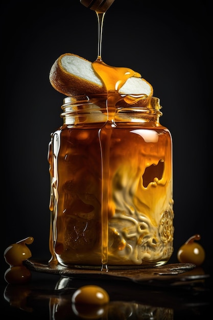 un barattolo di miele accanto a un cucchiaio utilizzato per aggiungere il miele al barattolo