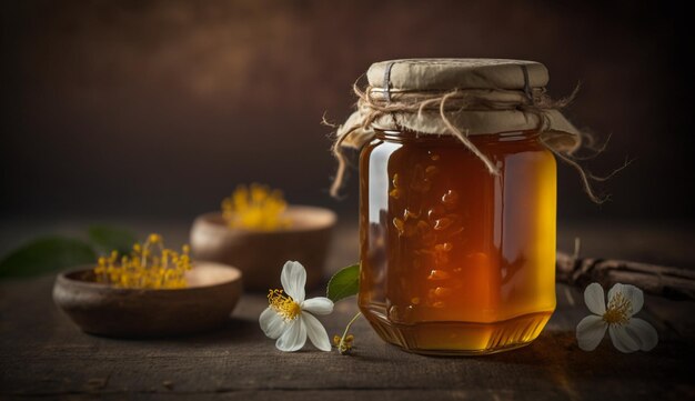 Un barattolo di miele con un fiore giallo sul lato