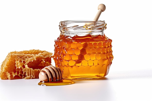 Un barattolo di miele con un nido di miele su uno sfondo bianco