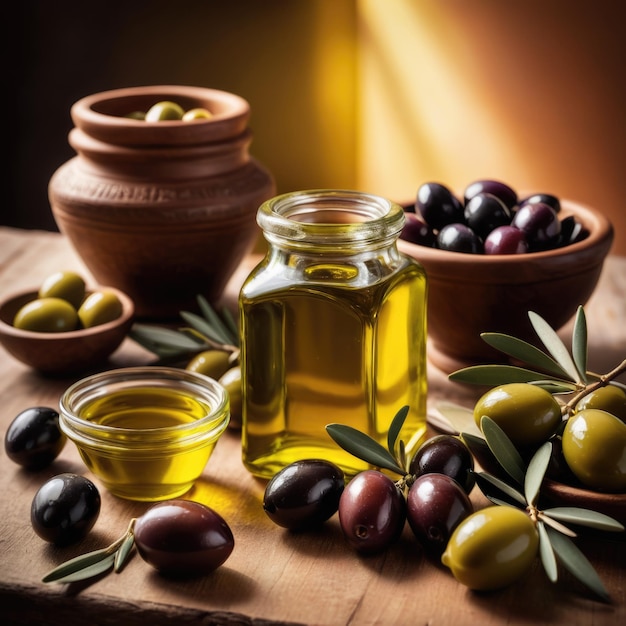 Un barattolo di olio d'oliva posizionato accanto a una collezione di olive