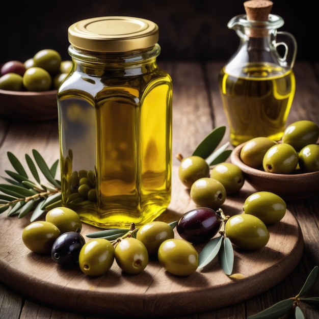 Un barattolo di olio d'oliva posizionato accanto a una collezione di olive