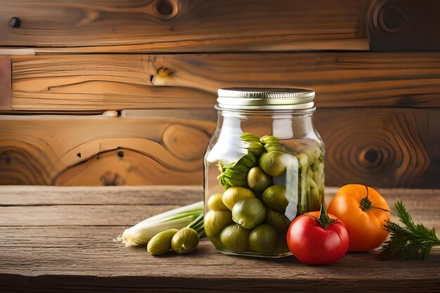 Un barattolo di olive verdi e pomodori su un tavolo di legno.