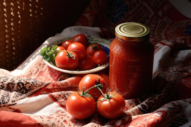 Un barattolo di salsa di pomodoro è accanto a una ciotola di pomodori.