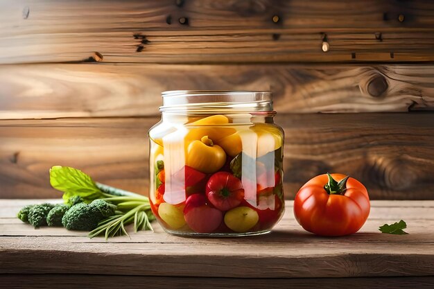 Un barattolo di sottaceti, pomodori e sedano sono su un tavolo di legno.