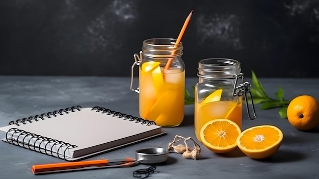 Un barattolo di succo d'arancia con una penna e una penna sul tavolo accanto.
