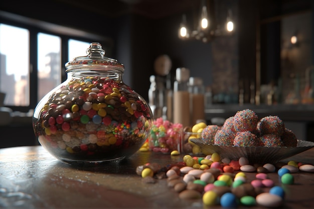 Un barattolo di vetro di caramelle si trova su un bancone con una ciotola di caramelle e una ciotola di caramelle.