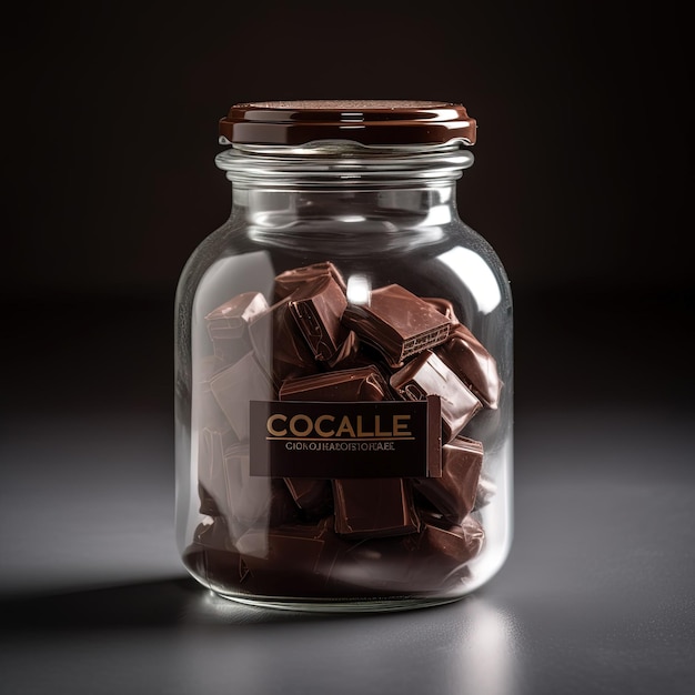 Un barattolo di vetro di cioccolatini con un coperchio dorato con su scritto cocore.