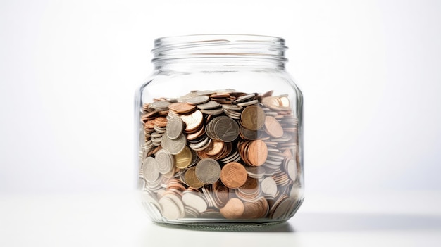 Un barattolo di vetro di monete è riempito con la parola penny.