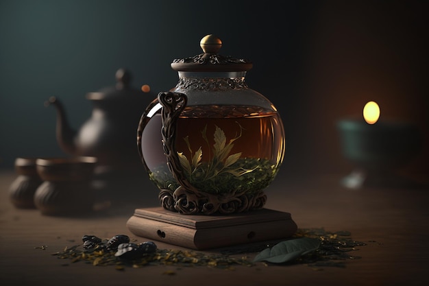 Un barattolo di vetro di tè con foglie sopra