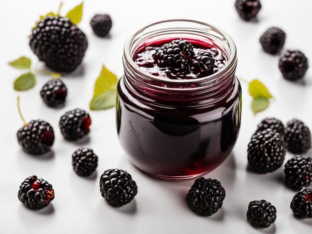 Un barattolo di vetro pieno di marmellata di mirtillo