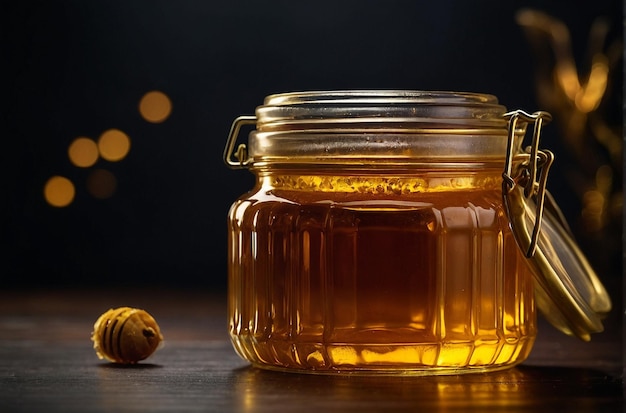 Un barattolo di vetro pieno di miele dorato contro un buio