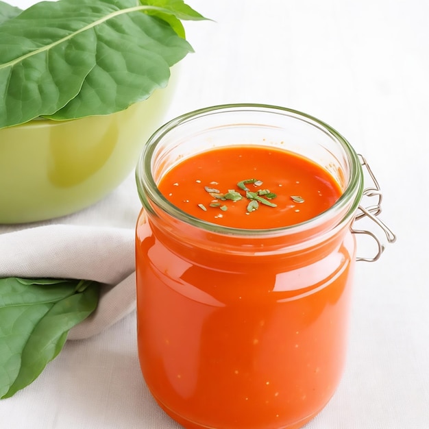 Un barattolo di zuppa di pomodoro con una foglia verde sul lato