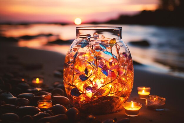 Un barattolo o un bicchiere magico con la luce delle fate scintillante in piedi su una spiaggia al tramonto romantico pacifico