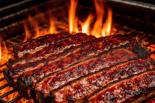 Un barbecue con una costoletta di maiale alla griglia sulla griglia.