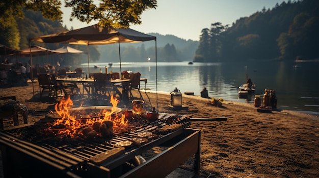 un barbecue su una spiaggia con un lago sullo sfondo