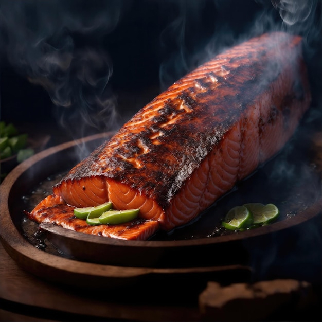 Un barbecue succoso di salmone con fumo