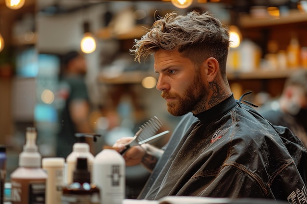Un barbiere al lavoro che crea un taglio di capelli elegante con precisione