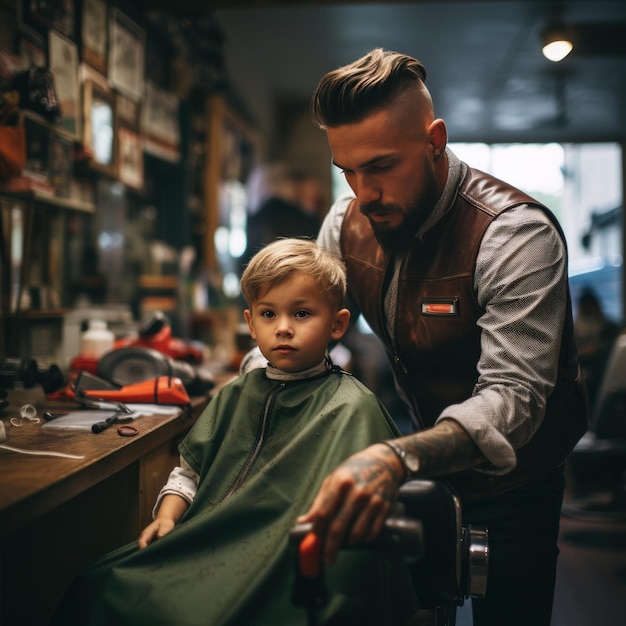 Un barbiere che taglia i capelli di un ragazzo con le forbici