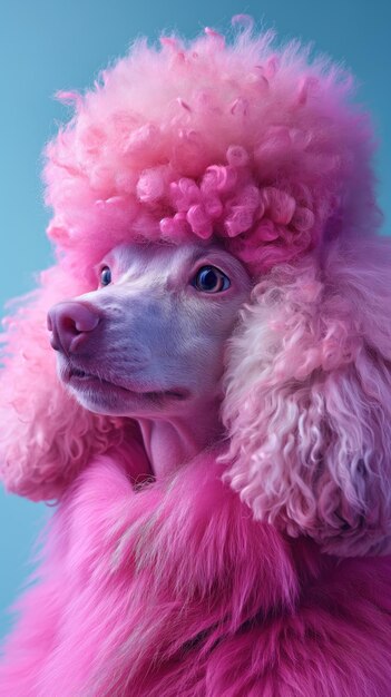 Un barboncino con i capelli rosa e viola