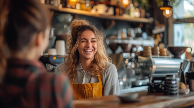 Un barista allegro che conversa con un ospite al bancone del bar