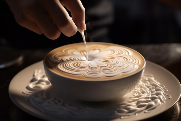 Un barista che crea arte su un cappu perfettamente schiumoso 00005 02