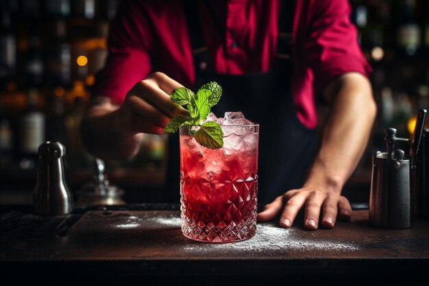 Un barista che prepara un cocktail di succo di mirtillo in un bar