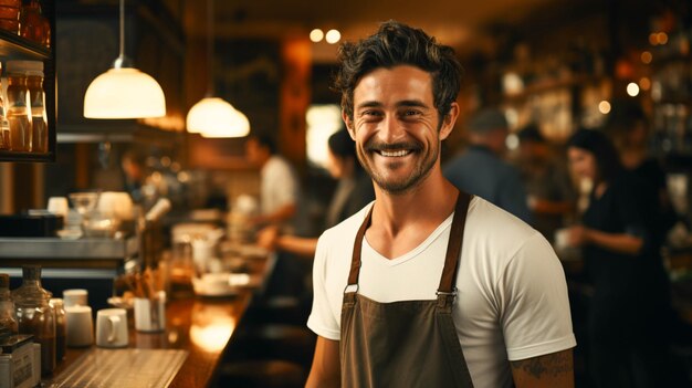 Un barista sorridente serve un cappuccino fresco su un tavolo di legno nel caffè