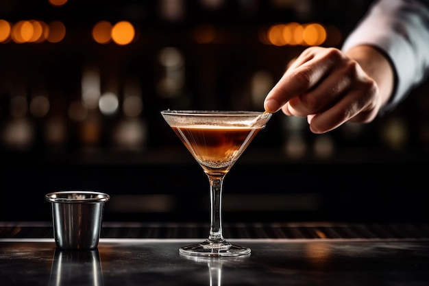 Un barista sta aggiungendo un cocktail a un bicchiere da martini Tini Espresso Martini