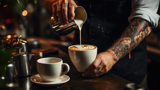 Un barista versa il cappuccino in una tazza di ceramica bianca