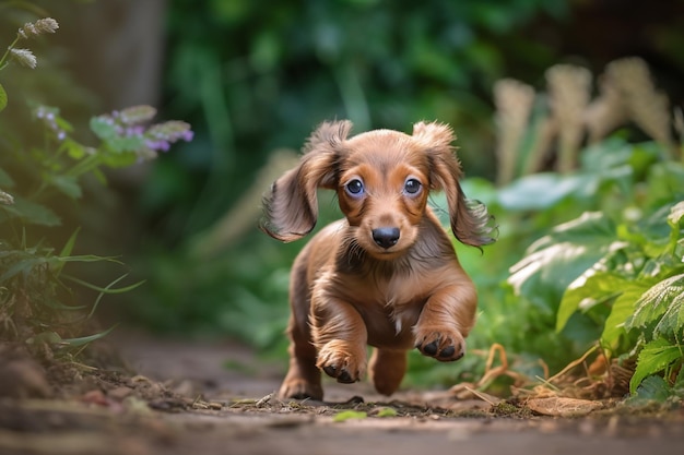 Un bassotto che attraversa un giardino