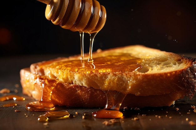 Un bastoncino di miele che spruzza miele dorato sul pane tostato