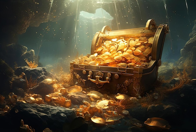un baule del tesoro pieno di monete sott'acqua raggi d'oro e d'argento di luce