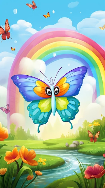 Un bel cartone animato di farfalle con l'arcobaleno