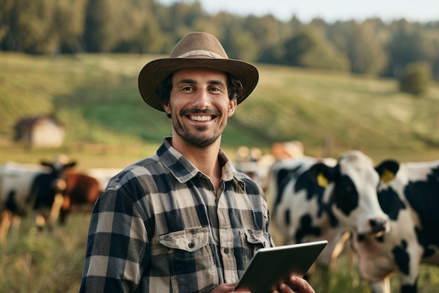 Un bel contadino con un tablet nel campo con le mucche.