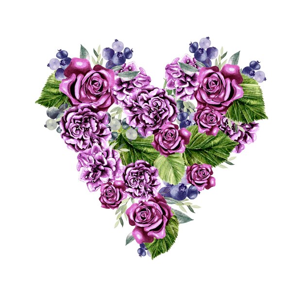 Un bel cuore acquerello con rose e fiori di peonia foglie e bacche illustrazione