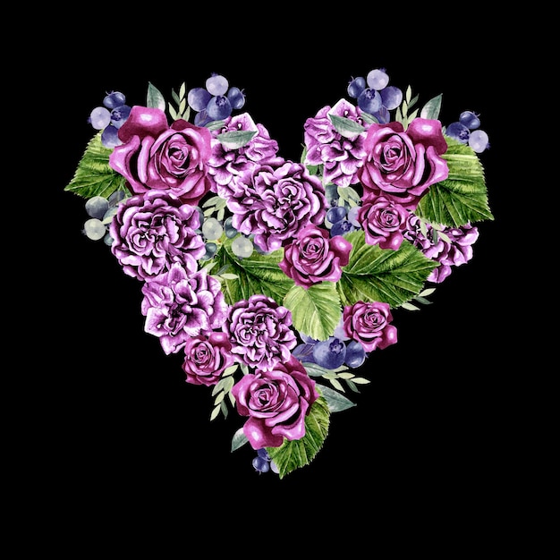 Un bel cuore acquerello con rose e fiori di peonia foglie e bacche illustrazione