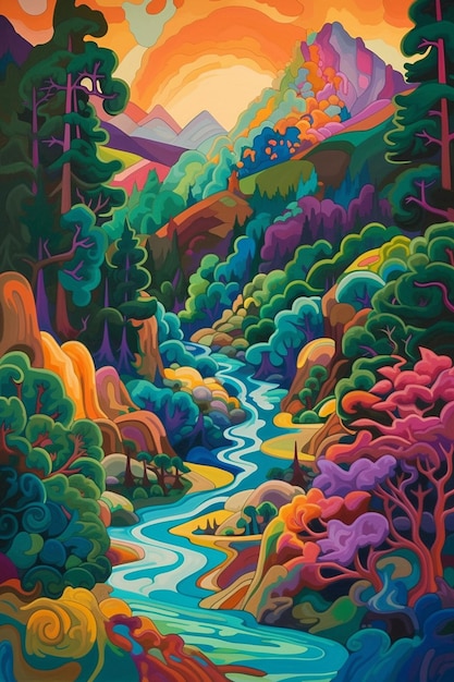 Un bel dipinto colorato di una scenografica linea di montagna in stile di opere d'arte psichedeliche AI Generated Photo