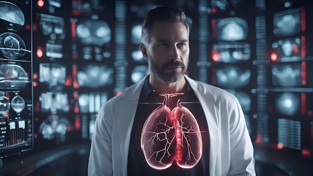 Un bel dottore che guarda i polmoni contro un'immagine composita di un'interfaccia medica