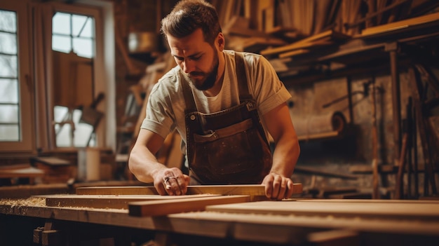 Un bel falegname che lavora con il legno guardando la barra che controlla la qualità nel laboratorio