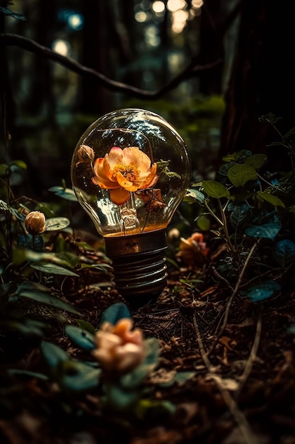 Un bel fiore che cresce all'interno di una lampadina rotta sul terreno della foresta IA generativa