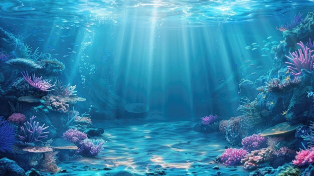 un bel fondo blu dell'oceano illuminato dalla luce solare Generative Ai