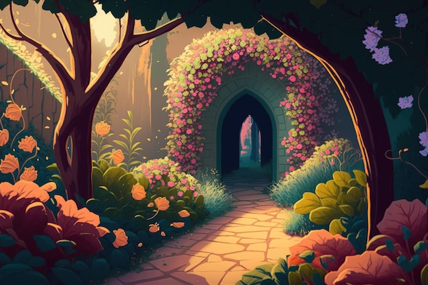 Un bel giardino da favola nascosto con archi di fiori e fogliame vibrante Illustrazione