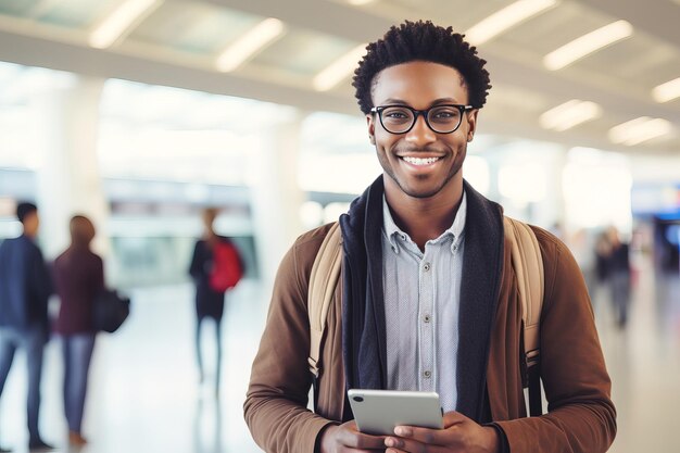 Un bel giovane afroamericano sorridente che indossa occhiali con un tablet digitale che guarda la telecamera