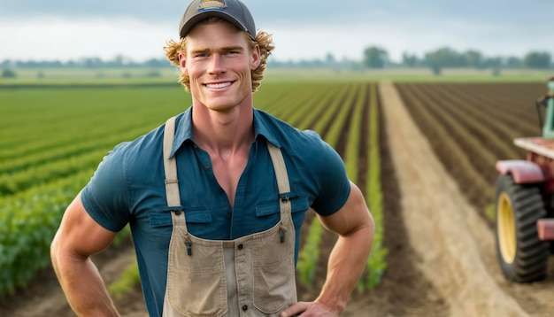 un bel giovane agricoltore maschio sorridente davanti a uno sfondo di fattoria
