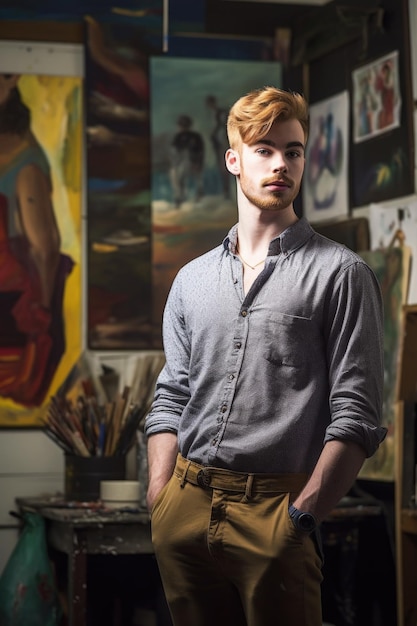 Un bel giovane artista in piedi nel suo studio d'arte creato con l'AI generativa