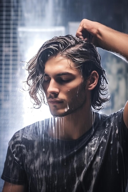Un bel giovane che si applica lo shampoo sui capelli per prepararsi a un bagno