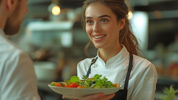 Un bel giovane chef che serve a un cameriere un'insalata greca appena fatta.