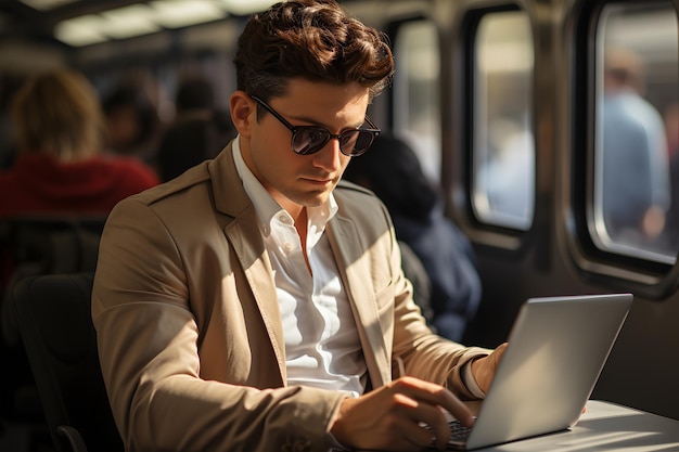 Un bel giovane con gli occhiali da sole che usa il portatile mentre è seduto sul treno.