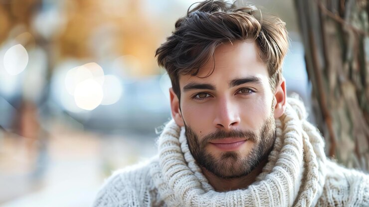 Foto un bel giovane con la barba e i capelli castani indossa un maglione a colletto bianco