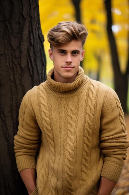 un bel giovane con un maglione a maglia nel parco autunnale
